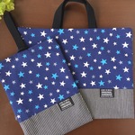 長く使えるレッスンバッグ&上履き入れ  ヒッコリーデニム スター ブルー 給食袋、体操服袋追加可能♪