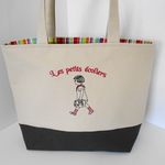 フランスの通学の女の子刺繍の帆布の選べる持ち手トートバッグ　 