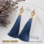 ‘‘リングストーン&タッセルピアス...light navy‘‘ ピアス イヤリング 樹脂 タッセル 揺れる 輝き きれいめ ブライダル 上品 シンプル 結婚式 お呼ばれ No.017