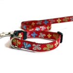 1.5cm幅 20～30cm バタフライ柄(レッド)首輪リードセット 犬用
