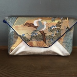 お値下げ　数寄屋袋　豪華刺繍きもの帯リメイクバッグ　ネイビーゴールド　鳥