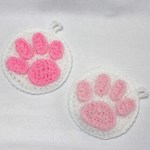 猫の肉球エコたわし・コースター　ホワイト×ピンク2枚セット　(2重タイプ)