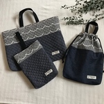 三点セット●キルティング大きめレッスンバッグ＆シューズバッグ&体操着袋  もくもくストライプ×リアルデニム