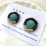 ターコイズ ×ウッド　刺繍ピアス/イヤリング　金属アレルギー対応　他　チタンピアス
