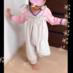 綿麻ベージュストライプふんわりサロペット