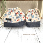 お弁当袋＆コップ入れ　ちょうちょお花　ホワイト