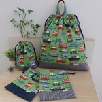 【オーダ－予約品】k様専用＊グリーンのりもの柄入学グッズ３点