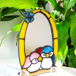 【M様オーダー品】ステンドグラス　鏡　ちょっと見ラー　小鳥ハート＆クローバー　A6