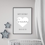 モノトーンのハートデザインが可愛いバースデー　誕生日　命名書　メモリアルポスター◇◆