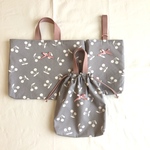 送料無料 グレーとさくらんぼ🍒のレッスンバッグと シューズ入れ  体操服入れのセット 