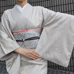(トール)　ワンタッチ着物　くらわん着物　正絹付け下げ訪問着リメイク　サンドベージュ菊刺繍