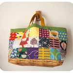 ♪北欧風　四角パッチ　横長　トートBAG　トリックバスケット♪　緑　黄色　ひつじ　鳥