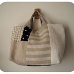 　シンプルリネンランダムパッチ　横長トートBAG 　♫　チェコリネン　麻　チェック 