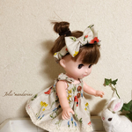 ドールサイズ♪お人形用のお洋服チュニック＆スカートとかぼちゃパンツとヘアバンド3点セット（綿麻ボタニカルフラワー生成り）