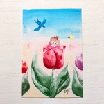 🌷透明水彩画「おやゆび姫」イラストポストカード 2枚セット  おやゆびひめ　親指姫　チューリップ  春　入園入学🌷