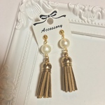 コットンパールタッセルピアス＊(茶) 樹脂ピアス イヤリング ノンホールピアス