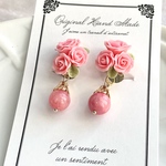 薔薇ブーケと天然石の板バネクリップイヤリング☆ピンクオパール