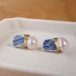 淡水パール×陶器 金継ぎピアス