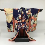 【送料無料】ご予約品　衣桁無し　ミニ着物(正絹) 紺地花柄