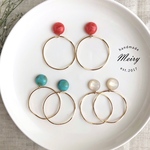 ピアス 大ぶり 3color カボション × フープ ウェーブ ピアス / イヤリング / ターコイズ / コーラルオレンジ / チタンピアス / 樹脂ピアス / シンプル