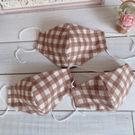 【送料無料】ガーゼマスク/立体/親子お揃い/大、中、小/チェック/ブラウン