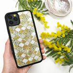 【iPhone12/Galaxy対応】天然貝ハイクオリティシェルスマホケース★天然貝×フレキシガラス（ミモザモロッカン）螺鈿アート 11pro GalaxyS20 iPhoneSE2 第二世代