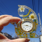 本物　ミモザ入り　猫時計　お祝いなどに