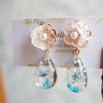 小ぶり　すりガラスフラワー×水中花(水色)ピアス、イヤリング