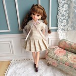 チュール袖プリーツミニワンピース　ベージュ千鳥格子＊22cmdoll