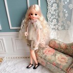 チュール袖セットアップパンツ　ベージュ千鳥格子＊22cmdoll