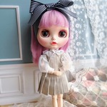 チュール袖プリーツミニワンピース　ベージュストライプ＊22cmdoll