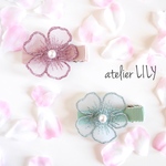 ［2個セット］刺繍レースのフラワーベビーヘアクリップ♡ピンク&グリーン　選べる色の組合せ