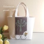 M☆ミナペルホネン 舟形バッグ Handmade 刺繍生地☆林檎 グリーン