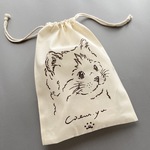 「こねこ」手描きデザイン　巾着ポーチ　Lサイズ