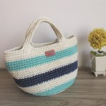 ボーダー柄（水色×ネイビー）　麻ひもバッグ　かごバッグ　麻ひもトートバッグ　麻紐バッグ