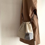 巾着ショルダーバッグ（グレー）２ｗａｙ・帆布・パッチワーク