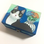 手描き 猫の木箱 小物入れ 原画 手書き 猫 似顔絵 絵 絵画 イラスト アート ハチワレ