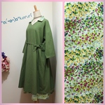 【再販】襟付きVネック＊重ねフレアーワンピース＊うぐいす色×フラワーガーデン