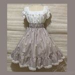 1点物*クラシカルローズ シャーリングワンピース★薔薇ブーケ/パープルグレー×オフ白(即納品)