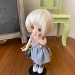 オビツ11サイズ 水色セット ジャンパースカート【水色×桜色ステッチ】&スリムTシャツ