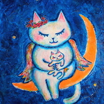 ★kris-1123さま専用★原画 「 Sweet Dreams ２」 F6号＃オーダーメイド絵画 ＃ねこ ＃猫の絵＃天使猫の絵＃夜空の絵＃星と三日月＃通販＃アート