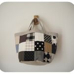 　♫　　ナチュラル　モノトーンリネン　四角パッチワーク　バケツBAG Ｓサイズ　♫　リネン　麻　ドット　わたげ　