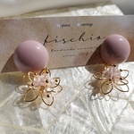 【#220】ピンクカボションゴールドワイヤーフラワーピアス