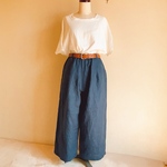 在庫あり＊受注製作＊リネン＊スモーキーブルー＊ゆったりワイドパンツ＊フリーサイズ