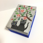 手描き 2匹の黒猫の木箱 小物入れ 原画 手書き 猫  絵 絵画 イラスト アート