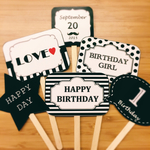 **Black & White**BIRTHDAYフォトプロップス【木製スティックタイプ】
