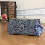 【送料無料】着物リメイク 大島紬・流水に鼓 がま口ポーチ