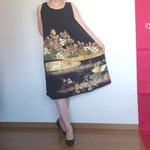 【k様　リクエスト品】金彩　花々　建物　人物柄　黒留袖リメイク　着物リメイク　ギャザーワンピース　ワンピース