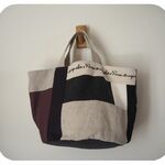 　♫　　ナチュラル　モノトーンリネン　ランダムパッチワーク　バケツBAG Ｓサイズ♫　リネン　麻　黒　刺繍　わたげ　