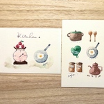 🍴透明水彩画「キッチン」北欧イラストポストカード 2枚セット りんご　目玉焼き🍴